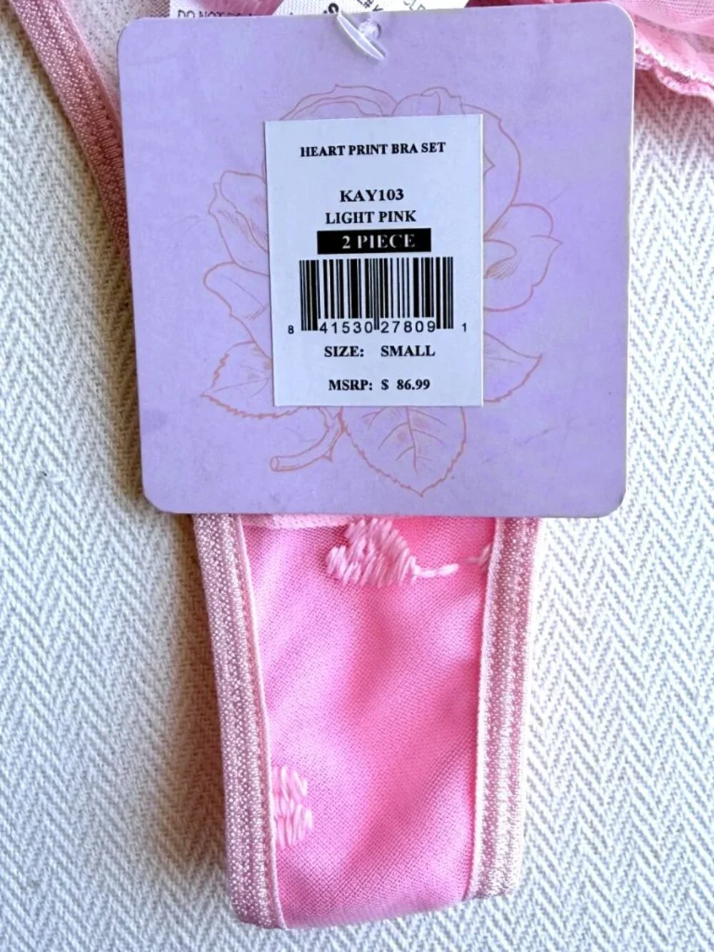 Bed of Roses Pink Heart Embroidered Mesh Lingerie Set Bra Thong Size S NWT
